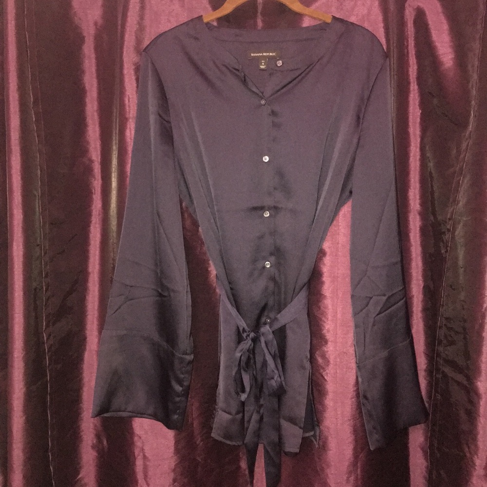 Navy blue long silk blouse